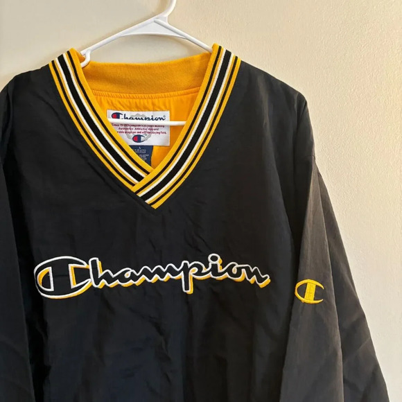 VTG Y2K Champion Windbreaker Sweatshirt Black and Yellow Logo - Mens Size Large - Picture 2 of 10